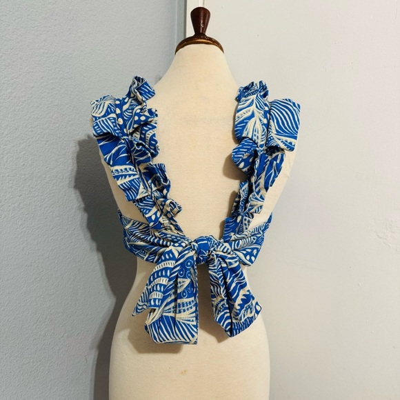 Ybara Women Blue and White Patterned Hawaiian Adjustable Back Bow Top Fits M-XL - Picture 5 of 11